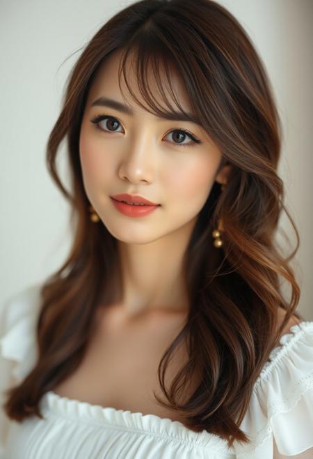 txw ,,best quality, masterpiece, raw photo of a female in white dress, close up face, brown hair, fashion accessories, looking at viewer, indoor, day time, professional photo, high contrast exposure, soft bokeh, high key light, hard shadow, soft bokeh, simple background, white background,und, white background,