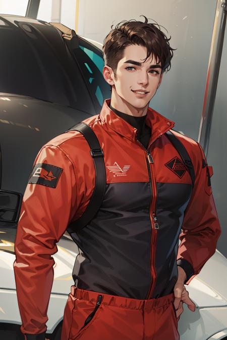 (absurdres, highres, ultra detailed, realistic, ), 1 male, solo, adult, mature, tall muscular guy, broad shoulders, handsome, (very short hair:1.4), angular jaw, thick neck, thick eyebrows, smile, jumpsuit, car repair shop, portrait