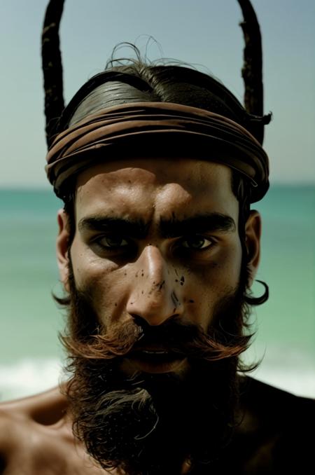 a man with a beard and a beardless face , solo, looking at viewer, 1boy, male focus, blurry, black eyes, facial hair, portrait, beard