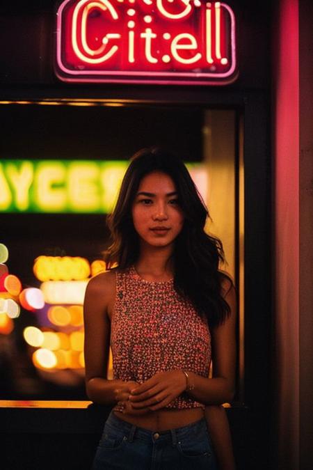 In a low-key style with the grainy texture of expired film, the photo offers a close-up view from above of a photo-realistic close-up medium shot of a beautiful girl's figure standing tall, depicted in full body, gently cradling a perfumed bottle. The attention to detail captures every nuance of the subject's features and attire, creating a lifelike representation that almost breathes with realism. Against the backdrop of vibrant, full-color, saturated neon city lights, the scene comes alive with a plethora of hues and tones, infusing warmth and urban energy. The subject's expression exudes a sense of calm amidst the bustling cityscape. Bathed in the dim neon-colored light of a blacked-out large window showcasing the city's glowing neon signs, the scene is a captivating mix of dramatic shadows, heightened by a subtle rim light tracing along her silhouette, and accentuated by a soft hair light adding dimension and allure to her hair strands.