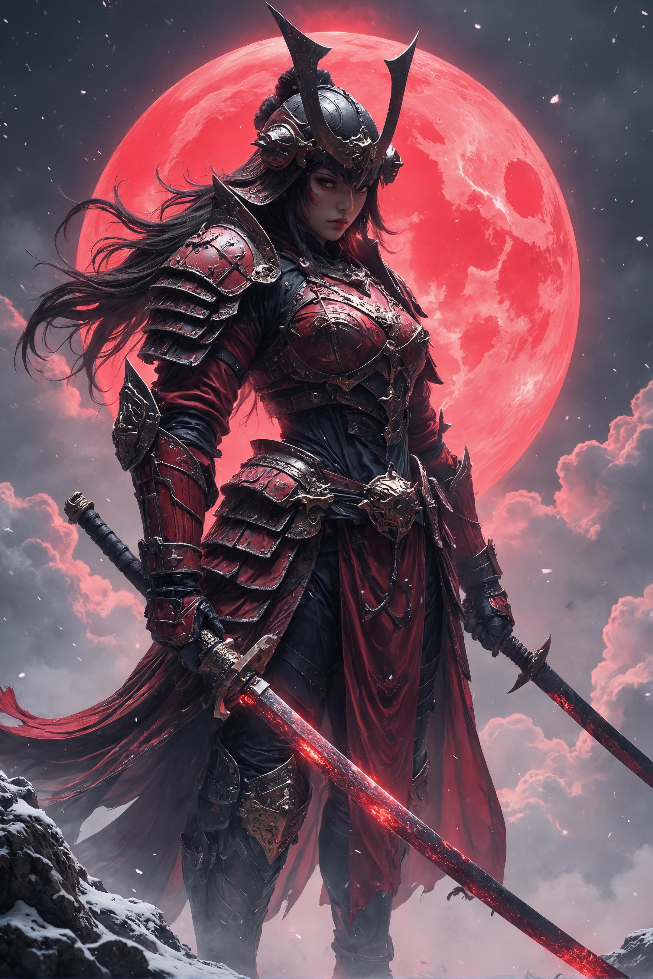 cyberpunk anime style, a stunning japanese female warrior, long flowing hair, wearing samurai armour and helmet, holding a katana with both hands on a snowy battlefield, theme in neon, red and black colour, high quality, highly detailed,<lora:FredFraiStyle-FLUX-Share>