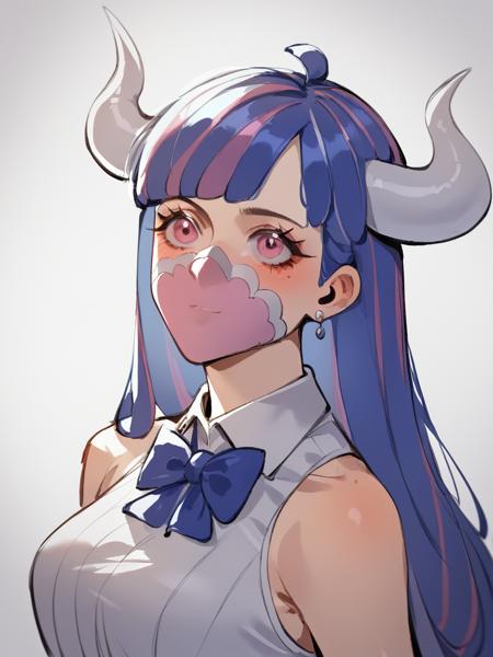 ulti is a girl wearing a blue pink long hair pink eyes and cowhorn mask