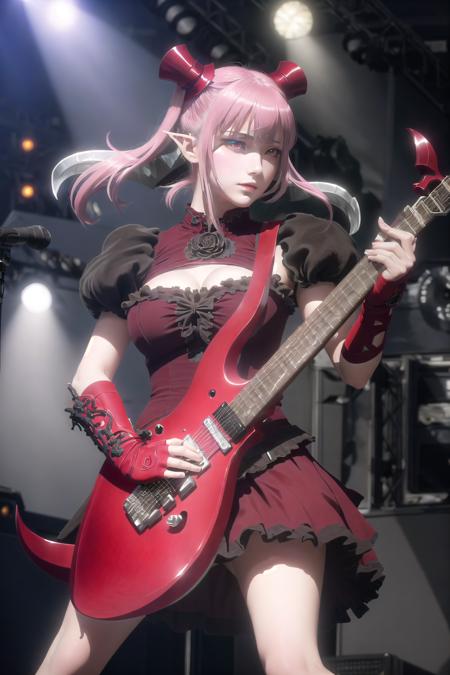 (masterpiece, best quality, detailed, photorealistic:1.2), 1girl, astaroth, (red eyes), twintails, tail,  astarothdress, (astarothguitar:1.2), playing instrument, dark ambience, rock concert stage <lora:AstarothV2:0.8>