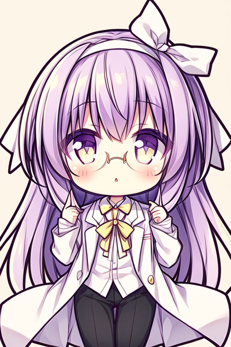 cowboy shot, 1girl, glasses, hair ribbon, purple hair, asakura rikako, white coat, yellow ribbon, white ribbon, long hair, violet eyes, long sleeves, black pants, hairband