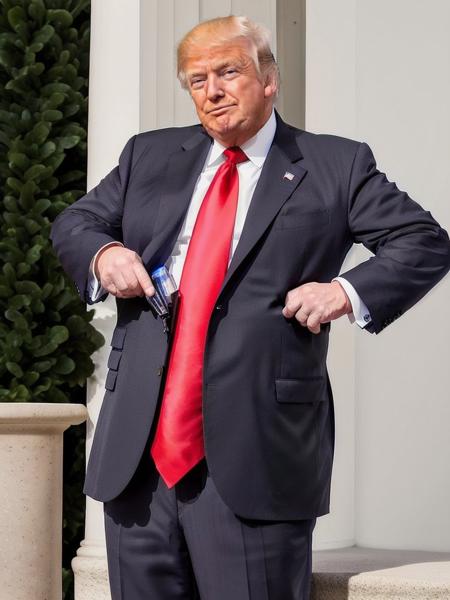 Trump768 , overweight, very long red tie, Stylish 1980s power suit with a strong shoulder pad, tapered trousers, and bold color, detailed eyes, photography, ultra-sharpness, highest quality, art of Anya Millen, smooth, clear focus, trend on artforum, behance hd, muted colors    <lora:Trump768:0.7>