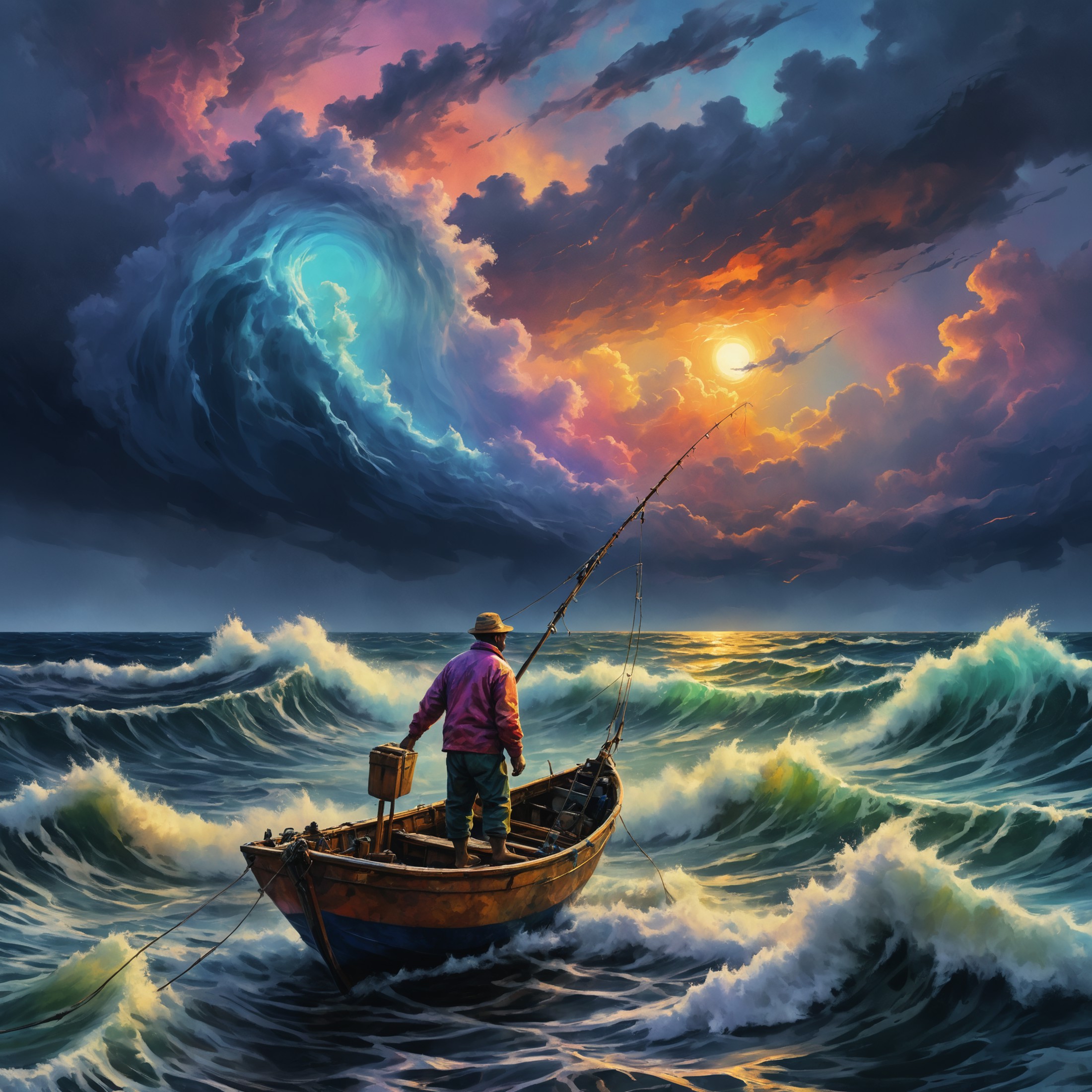 an impressionistic artwork LSD Trip an fisherman on open see in a stormy sea ,colorful sky
