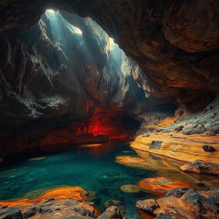8k, source_photo, source_real, traditional media, real life photo, huge natural cave, lit from above, pools of water and vivid coloured rock formations cover the ground and walls