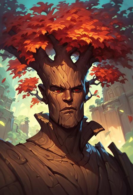score_9, score_8_up, 8, score_7_up, score_6_up, ((masterpiece)), solo, ((upper body)),
Ent, living tree, Wood texture, colored bark, colored foliage, 1boy, red eyes, red foliage, dark color skin, 
Fantasy ruins of the scenery