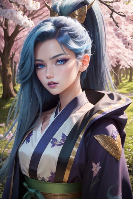 spirit blossom vayne, 1girl, kimono, hair ornament, blue hair, detailed face, looking at viewer, potrait, close-up, forest, sunbeam, purple light, petal, cherry blossoms, (masterpiece:1.2, best quality)