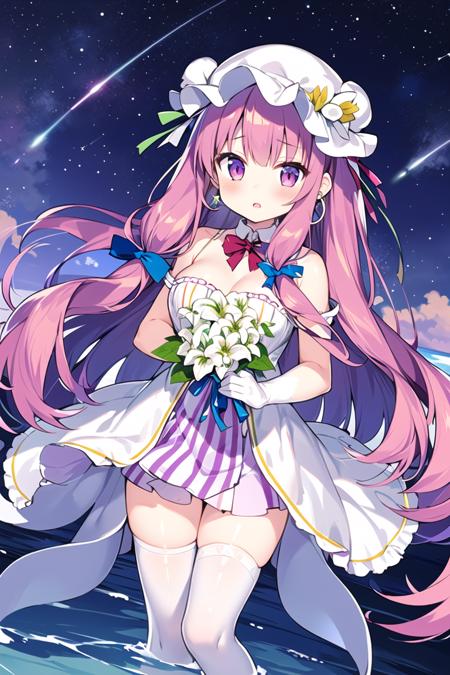 patchouli_knowledge, 1girl, flower, star_\(sky\), starry_sky, earrings, breasts, gloves, night, white_flower, white_gloves, solo, long_hair, white_rose,  night_sky, bouquet, rose, thighhighs, shooting_star, jewelry, water, dress, space, lily_\(flower\), pelvic_curtain, sky, ocean, bare_shoulders, looking_at_viewer,