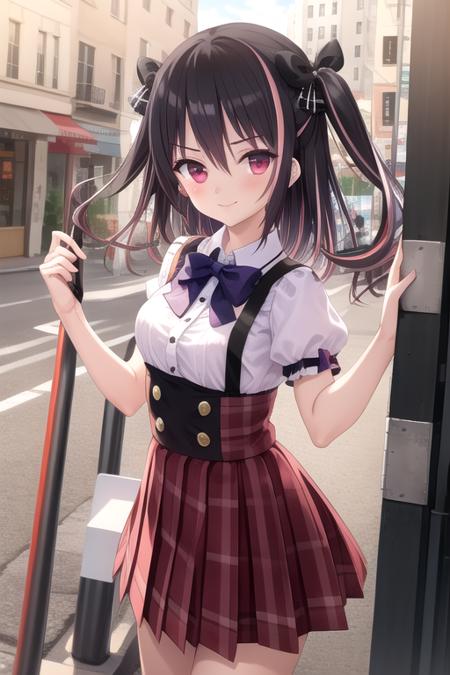 Otome Kokoro long hair,black hair,pink hair,multicolored hair,streaked hair,two-tone hair,two side up,hair bow,black bow,hair between eyes,bangs,red eyes red bowtie,plaid bowtie,white shirt,collared shirt,medium breasts,underbust,puffy short sleeves,suspender skirt,purple skirt,plaid skirt,pleated skirt,black socks