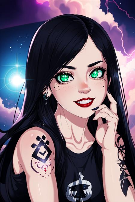 black hair, green eyes, sparkling eyes, upper body, black t-shirt, tattoos, pale skin, red lips, smile, mole under mouth, volumetric lighting, goth, <lyco:Shadman:1.0>