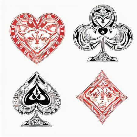 a set of poker symbols, a spade, a heart, a club, a diamond, (white background:1.2), very detailed, cat theme, masterpiece, best quality <lora:poker_symbol:1.0>