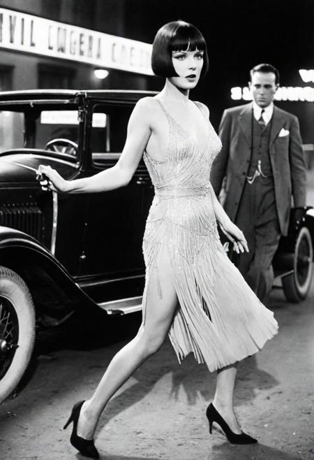 Night in 1922 exterior night, photograph taken with a 35 mm camera outdoors in black and white. Louise Brooks in a shootout with several gangsters, captured in motion while running, with a 35mm camera