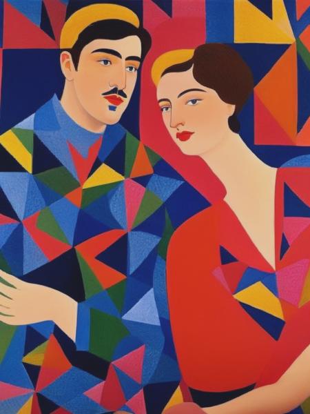 <lyco:NataliaGoncharova:1.0> Matisse style painted portrait of man and woman in patterns