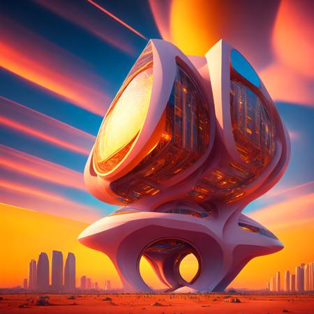 (cubicsingularity style:1) an artistic image of a futuristic city with a giant object in the middle of it <lora:djzCubicSingularityV21_LoraBooth:1>