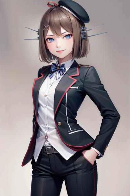 (masterpiece, best quality:1.2), <lyco:kancolle_maya_kaini-09:1.0>, cowboy shot, solo, 1girl, maya kai ni, smile, looking at viewer, hands in pockets, x hair ornament, mini hat, beret, headgear, formal, tuxedo, bowtie, black pants