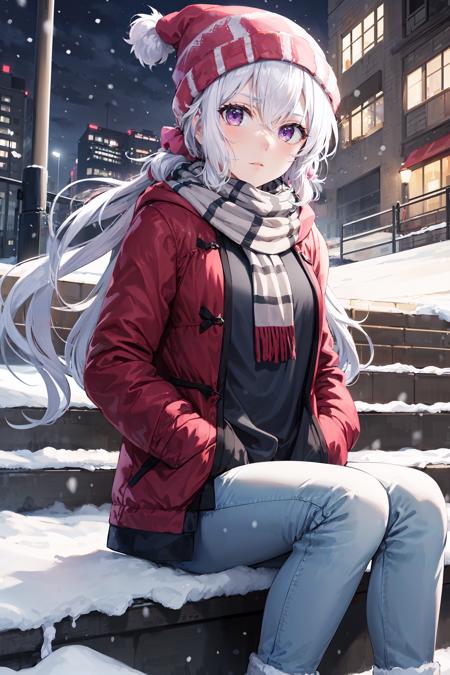 masterpiece, best quality, cowboy shot, looking at viewer, expressionless, chris yukine, long hair, low twintails, scrunchie, beanie, scarf, winter coat, jeans, hands in pocket, sitting, outdoors, stairs, snowing, night, skyline, <lora:chris_yukine_v1:0.9>