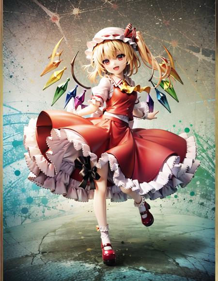 best quality, ultra high res, 1girl, solo, flandre scarlet, <lora:flandre_scarlet:1>, white soft hat, red hat bow, blonde hair, side ponytail, red eyes, shiny eyes, fang, red vest, short sleeves, puffy sleeves, yellow ascot, red frilled skirt, (crystal wings:1.2), bobby socks, mary janes, red shoes, laughing, ((evil smile)), looking at viewer, facing front, full body,