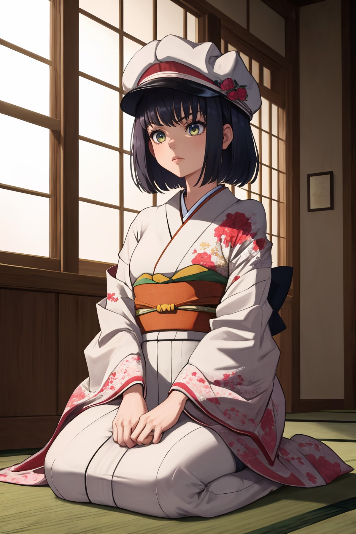 masterpiece, best quality, 1girl, solo, <lora:milk-nikke-richy-v1:1> milk, hat, seiza, sitting, kimono,