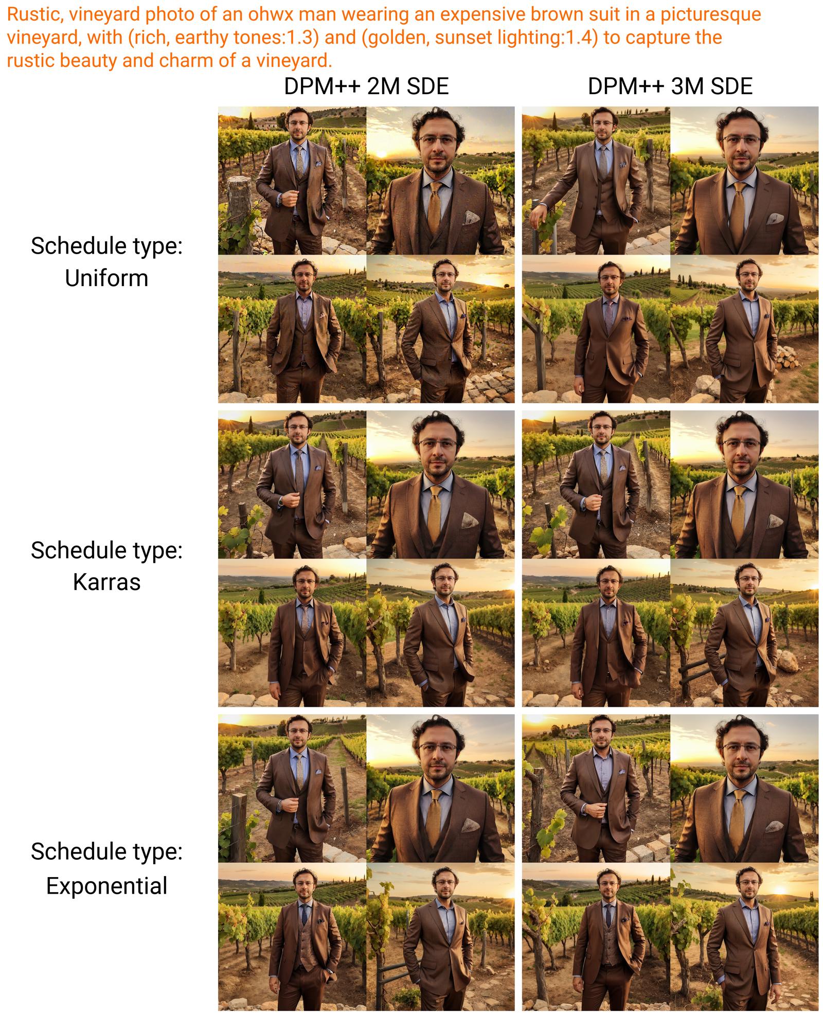 Sampling method DPM++ 2M SDE vs DPM++ 3M SDE with Schedule type Uniform vs Karras vs Exponential