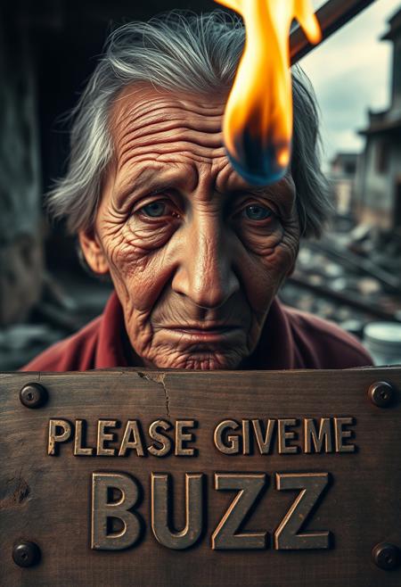 “An elderly woman with deeply wrinkled, weathered skin is captured in a close-up using a 50mm Panavision Prime lens, revealing every intricate detail of her face. Dramatic lighting casts heavy shadows, highlighting the sorrow and exhaustion etched into her features. Her eyes, full of suffering, speak to years of hardship. In the background, softly blurred, a decaying slum looms with crumbling walls and debris. At the lower part of the image, a cracked wooden panel with rusted nails holds bold, capital letters carved into the wood, reading ‘PLEASE GIVE ME BUZZ.’ The text, in a pastel color, blends with the wood grain, intensifying the gritty, distressed atmosphere. Above it, a flickering flame dances from a fire iron, momentarily illuminating the writing as it sears the wood, creating a poignant, ironic contrast to the somber mood.”
