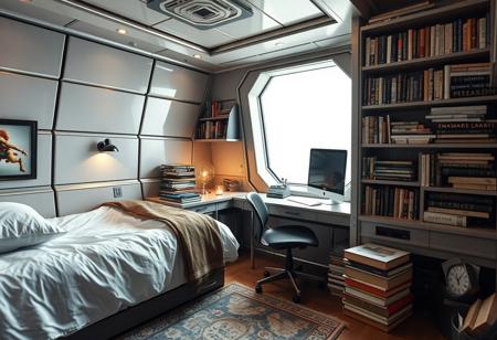 compact spaceship bedroom for apprentice magician with a computer a bed and piles of book. no decoration full metal room looking like a cubicle