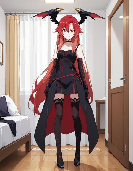 1girl,Lisara, long hair,red hair,very long hair,red eyes,((small breasts,single wristband)) sleeveless shirt,white shirt,(frills),black skirt,short skirt,black thighhighs,rose,bare shoulders Read Captions school uniform,serafuku,green skirt,bow,black thighhighs,pleated skirt