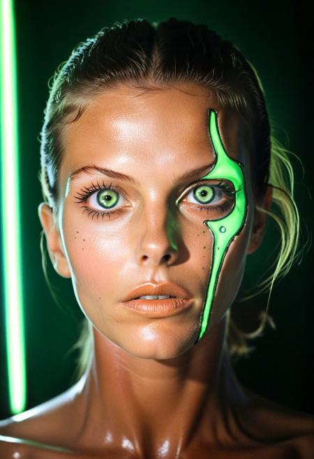 Glowing eyes. Danger. Entity. 
Flash photography headshot. 35mm. Vertical flash. Detailed face. Expressive eyes.  Edgy. Mean. Fun. Celestial backdrop. 
Yashica T4
detailed skin, pores, sweat, blush, tan
Model: (Sigrid Agren:0.5), (Daria Werbowy:0.5),
Necron, electricity, green glow, green theme, ArsMovieStill, movie still from a 1970s technicolor Sci-Fi movie