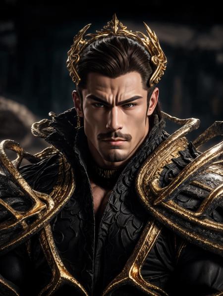 Best quality, masterpiece, ultra high res, photorealistic, long shot, (mascular, strong body builder) <lora:moonlord:0.6> a man in black and gold armor, headpiece, facial hair, cinematic lighting, shadow, long black hair, biomechanical environment