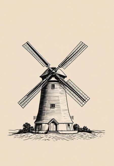 made of wagyu, vintage windmill, minimalist line drawing featuring clean and simple strokes, emphasizing the essence of the subject with a simplistic yet elegant approach