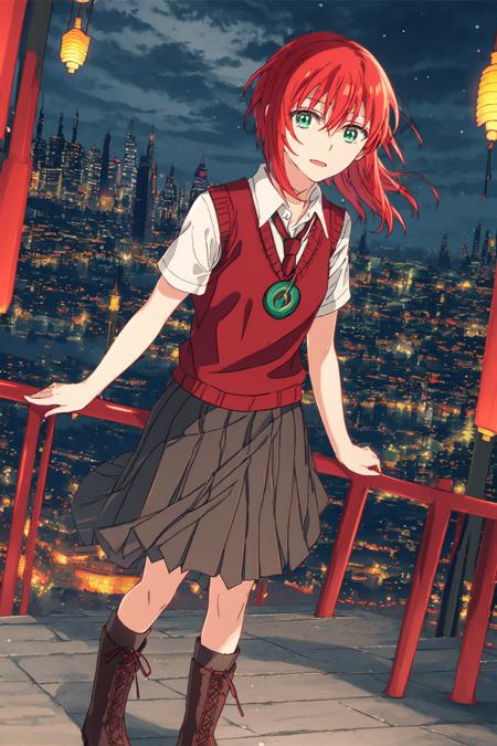 <lora:HatoriChise-000002:0.9> hatorichise, 1girl, casual_outfit, black_skirt, boots, cross-laced_footwear, full_body, green_eyes, lace-up_boots, necktie, pleated_skirt, red_hair, school_uniform, shirt, short_hair, short_sleeves, sweater_vest, white_shirt, short red hair, full body, grey skirt, standing on path, rural area, kyscraper, city, cityscape, building, city lights, scenery, night, skyline, architecture, bridge, sky, lantern, east asian architecture, star (sky), night sky, snowing, pagoda, starry sky, tower, outdoors, rooftop, rain, 1other, cloudy sky, cloud, railing,,solo, long legs, tall, holding staff, holding,