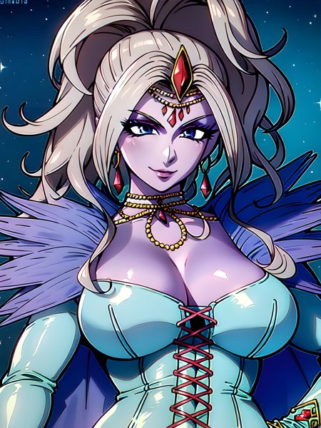Krystalinda light-purple skin unkempt ponytail ruby hairclip circlet earrings  shoulder chain skyblue corset jumpsuit with sleeves gray corset jumpsuit with sleeves purple cape with feathers on the shoulders bridal gauntlets high Heels boots floating christmas outfit flower on hair