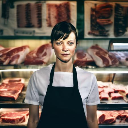 amysmart a beautiful woman, 26 years old, with a crew cut hairstyle with black fade hair and bangs!!!!!!, in a paris butcher shop, surrounded by hang meat, (high detailed skin:1), 8k uhd, dslr, soft lighting, high quality, film grain, Fujifilm XT3