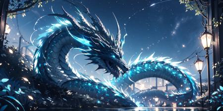 (masterpiece:1.2),best quality,PIXIV,Chinese dragon,
no humans,dragon,blue eyes,glowing,night,nature,horns,outdoors,water,
<lora:Chinese dragon-000014:1>,