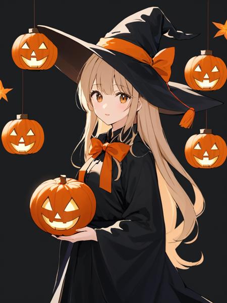 (\wan sheng jie\),black theme,A girl,witch hat,pumpkin lanterns,simple_background,black background,