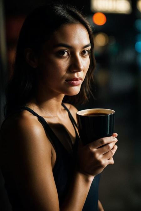 Close up Shot face, in a low-key style with the grainy texture of expired film, the photo offers a close-up view from above of a photo-realistic close up medium shoot body of beautiful girls figure stands tall, depicted in full body, gently cradling a steaming small cup of coffee. The attention to detail captures every nuance of the subject's features and attire, creating a lifelike representation that almost breathes with realism. Against the backdrop of vibrant neon signage, the scene comes alive with a juxtaposition of warmth and urban energy. The subject's expression exudes a sense of calm amidst the bustling cityscape," Bathed in the dim neon color full light of a blacked-out large window showcasing the city's glowing neon signs, the scene is a captivating mix of dramatic shadows, a washed-out color palette, and a shadowy ambiance reminiscent of a Kodak Portra 800 night shot.