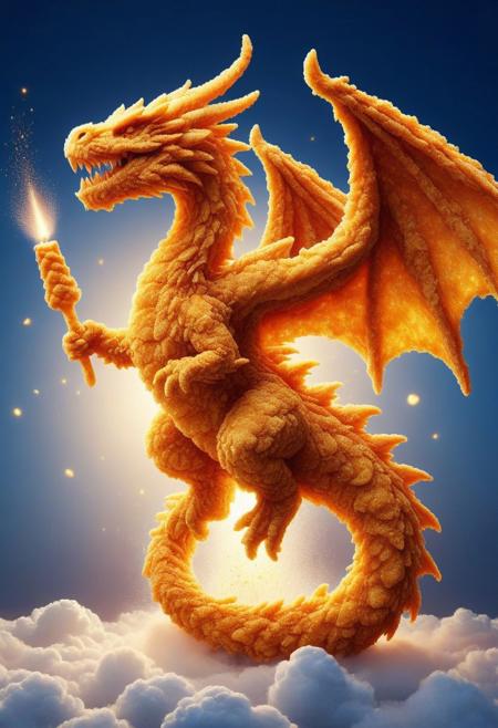 A fearless knight, clad in perfectly golden, deep-fried armor, rides atop a mighty, breaded dragon as they soar through the creamy, garlic-infused clouds of the sky. His lance, a towering mozzarella stick, glows with the power of sizzling marinara magic, guiding him toward the legendary Fountain of Infinite Dipping Sauce. Below, a sprawling kingdom built from crispy parmesan-crusted towers and flaky biscuit bridges shimmers in the moonlight, its streets paved with crushed croutons. The dragon lets out a triumphant roar, releasing a spray of crunchy golden flakes that catch the warm, buttery light as they drift down like edible snow. DFC