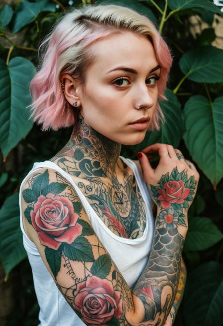 RAW analogue photo of a 20 years old beautiful pale skin ((karachay woman:1.5):1.5), perfect face, sexy pose, ((with 10 tattoos, Angel Tattoo, Rose Tattoo, Clock Tattoo, Geometric Animal Tattoo, Landscape Tattoo, Serpent Tattoo, Skull Tattoo, Quote Tattoo, Serpent Tattoo, Quote Tattoo:1.5)), wearing Plunge front chemise. She has long blonde hair and is posing against a floral wallpaper background. The model's pose suggests confidence and sensuality., natural hair, perfect eyes, detailed eyes, detailed iris, absolute perfect tits, big tits, soft tits, natural tits, low light, hard natural light, Rembrandt style light, Hasselblad DLSR camera, 200mm Zeiss lens, f/2.8 <lora:tattooedgirlv1_PONY:0.8> 