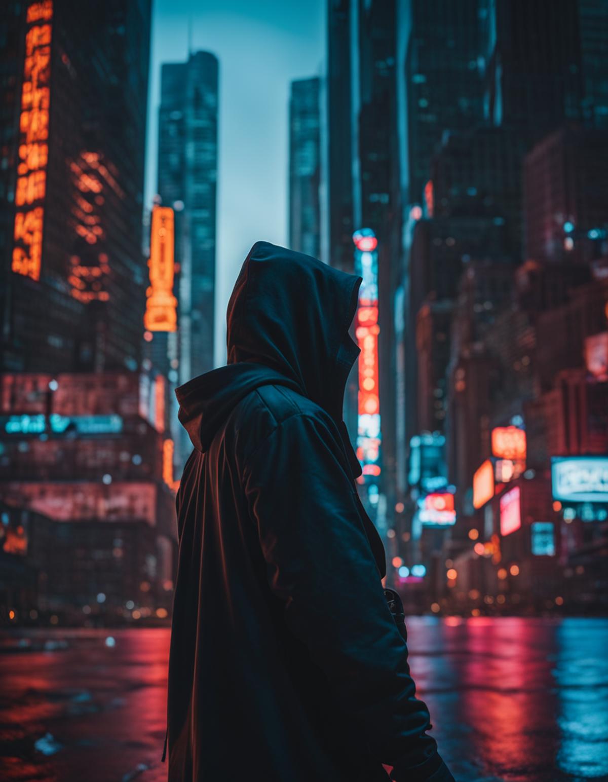 A person wearing a hooded jacket standing in a city at night.