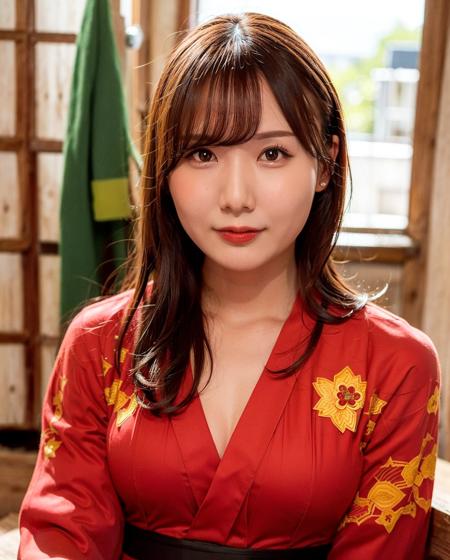 best quality, photorealistic, 8k, high res, 1girl, woman, (professional lighting), (portrait:0.6), (red kimono dress:1.72), gorgeous, black hair, (short hair:1.2), (1girl eyes looking at viewer:1.4), ((looking at viewer:1.6)), (looking at the camera), photorealistic, (bokeh), (portait:0.6), (dynamic pose:1.2), sfw, (smile:1), <lora:miru:0.78>