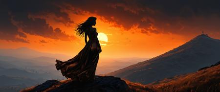 Silhouette Art, breathtaking detailed, masterpiece, lovely, charming, awe-inspiring, radiant, magnificent. (all dark hues and fine vibrant orange glowing smoldering accent and shiny gold color scheme:1.02). glossy. <lora:EpicF4nta5yXL:0.35> . award-winning, professional, highly detailed . extremely high-resolution details, photographic, realism pushed to extreme, fine texture, incredibly lifelike, high contrast, well defined, woman standing on a hill with hair and dress blowing in a gentle breeze .
