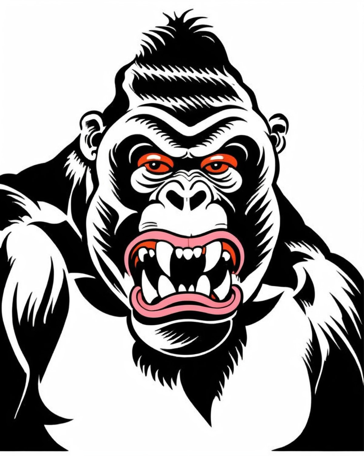 an illustration of a Gorilla ,solo, open_mouth, simple_background, teeth, tongue, no_humans, >_<, sharp_teeth, black_backg...
