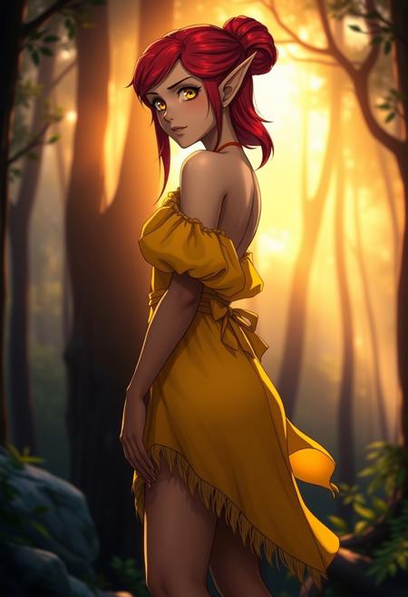 masterpiece,best quality, highly detailed, score_9, score_8_up, score_7_up, score_6_up,source_anime, blood elf, small pointed ears, yellow eyes, colored skin, standing in forest, side to viewer, waist up portrait, side profile, knee length dress, yellow flowing dress, puffy dress, poofy arm dress, frilly dress, exposed shoulders, open back dress, wide hips, thick thighs, skinny, muscles, perfect body, red hair, hair bun, big hair, solemn, stoic, calm, blush, hot, sweaty, wet skin, warm, heat, looking to viewer, elbow gloves, hands in front, sunlit, rock, shadow, night time, portrait, closeup shot, 8k, very detailed, very detailed, high detailed texture, deep of field, cinematic illumination, volumetric lighting,