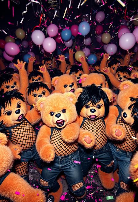 "Image of a crowd of emo teddy bears, each with lip piercings and black emo hair, wearing ripped fishnet shirts and skinny jeans, in the midst of a wild rave party. The bears are packed into a mosh pit, dancing like crazy and slamming into each other with abandon. The air is thick with confetti and balloons, and the lights are flashing wildly to the beat of the music. The bears' faces are contorted in ecstasy, their eyes closed in rapture as they let loose and lose themselves in the music. Style: high-energy, chaotic, and playful, with a focus on capturing the frenetic energy and joy of the rave party." Absurdres Highest-Quality, 4k