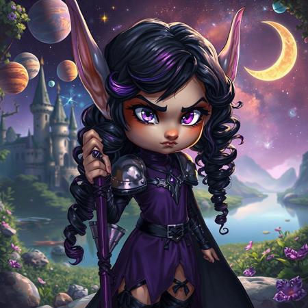 1girl, fantasy elf, long fantasy elven ears, natural lighting, realistic style, round cheek bones, full lips, small mouth, small nose, round face, black velvet boots laced with leather straps, petite, ((very thin waist:1.5)), body shaped like hourglass, long curled black hair with purple highlights, purple eyes, pupils showing, colourful planets and moon and stars and space in the background, a tome, zoomed out, full veiw, a purple elven metal armor, wearing a purple magical staff, long black cloak, hyperealistic, fantasy castlle sitting in a magical jungle in the background, a lake in the background, cute face, purple dress, angry look on her face,