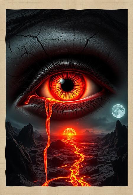 This digital artwork collage, in a surreal, abstract style, features a close-up of an eye with an intense, glowing orange iris, The eye is surrounded by cracked, textured patterns that blend into a chaotic, dark landscape.  lava streams from the eye like tears, desolate rocky terrain, with a fiery red glow in the distance, suggesting a stormy, apocalyptic scene. The composition uses leading lines and a dramatic contrast between the bright eye and dark, ominous background to create a sense of depth and tension.