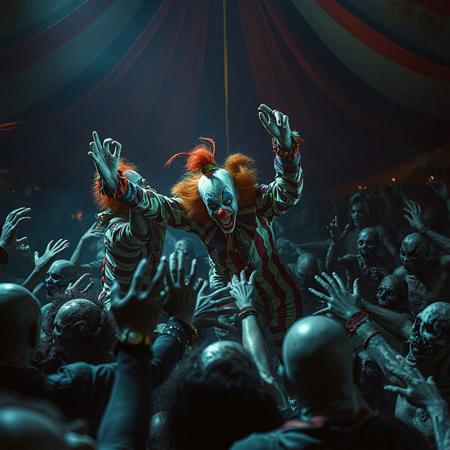 In a circus a group of crazy maniac clowns fighting with a crowd of zombies in the night