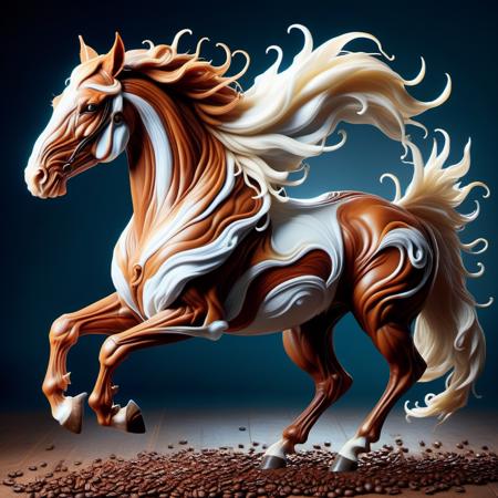 hyper detailed masterpiece, dynamic, awesome quality,cofzee doppelganger, large mythical creature, humanoid upper body, horse lower body, muscular strong physique, human like arms and torso, equine features, hooves, flowing tail, wild untamed mane of hair, , dynamic, running pose, wise and noble, networked,  <lora:cofzee:0.7> <lora:DonMC0ff33Ch0c_XL-000006:0.65> DonMC0ff33Ch0c