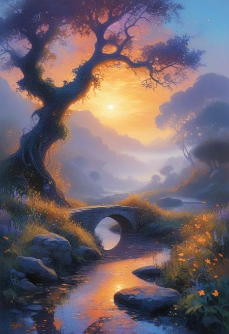 Surreal mist-covered valley at dawn, oil painting with thick textured brushstrokes, illuminated by the soft, golden light of the rising sun casting long shadows across a medieval stone bridge. The scene features delicate, glowing vines winding around crumbling ancient columns, and jagged, mist-covered mountains in the distance. Atmospheric soft clouds hover above, tinged with soft purple and blue hues. A winding path of weathered stone leads through the valley, past ancient oak trees with twisted roots and luminescent, bioluminescent flowers. Distant reflections of crumbling gothic structures shimmer in a still pond, captured in fine brushstrokes. Surrounding the horizon, vibrant stars begin to emerge as the sky transitions from a fiery orange to deep indigo, with soft hints of blue and violet strokes. Pointillism for the distant stars, light textures for fog layers, and detailed oil painting for foliage, rocks, and ruins add depth and complexity, blending classical realism and contemporary surrealism in a hyper-detailed, atmospheric composition.